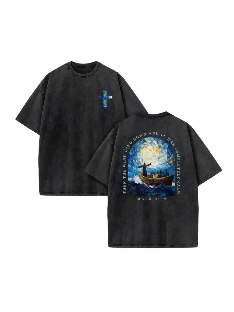 Mark 439 Peace Be Still Starry Night Storm Boat Vintage Style Double Side Cross Print Washed Graphic Tee Oversized Faith Inspirational Christian Streetwear washed graphic tee plus size  trendy streetwear shirt