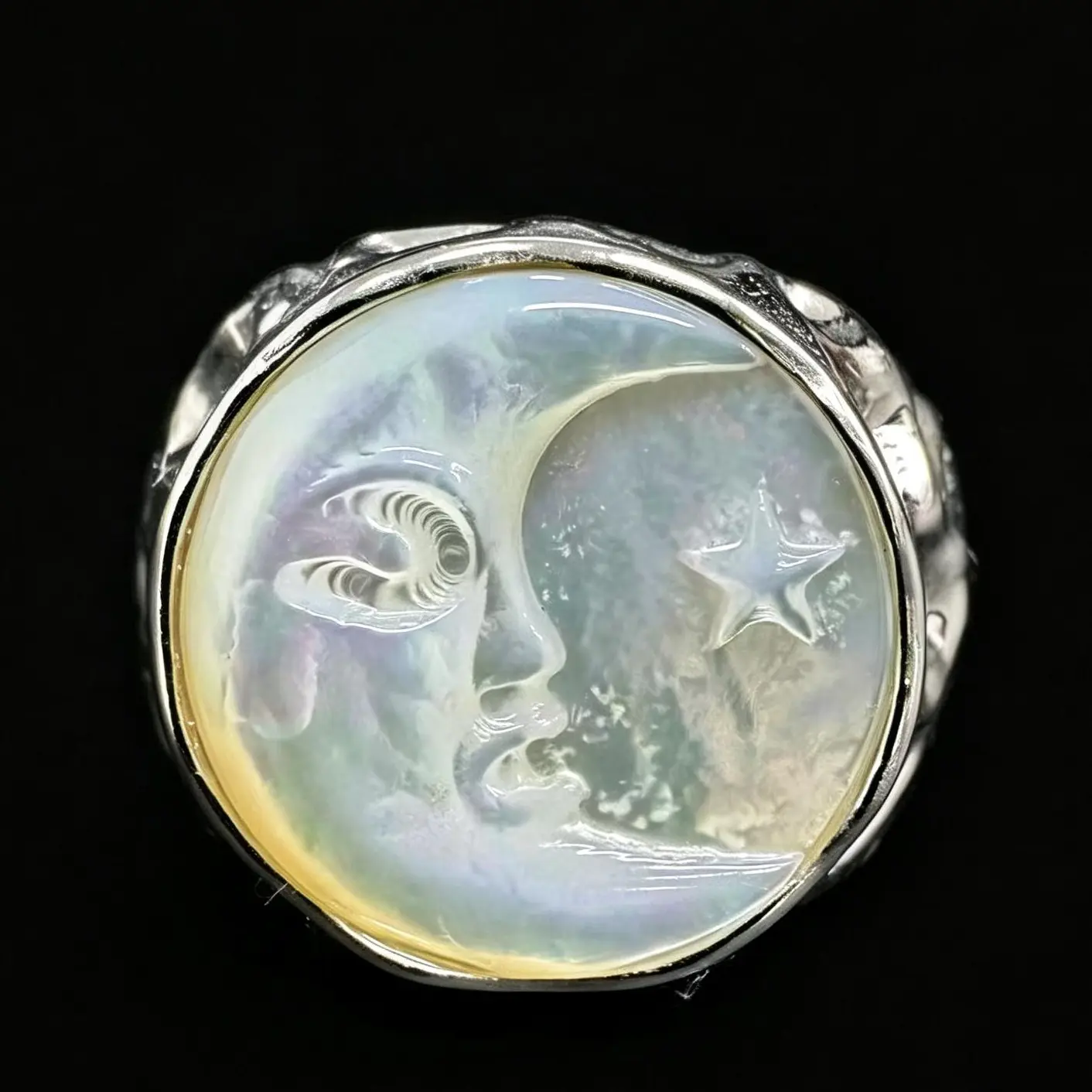 Carved Moon Face Shell Ring 925 Sterling Silver Adjustable Statement Ring