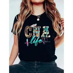 CNA Life Certified Nursing Assistant Medical Worker Hospital T-Shirt Casual Printed 100% Cotton Women T Shirt, Summer Tshirts Short Sleeve Graphic Tee Women Tops