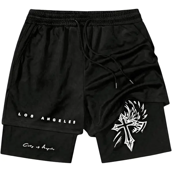 Men's Workout Shorts with Cross Performance Shorts Summer Double Layer Beach Pants Fitness Training Pant Sports