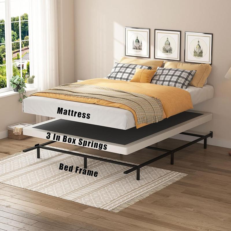 Queen Size Box Springs - 3 Inch Low Mattress Foundation No Noise Bed Base with Clean Fabric Cover, Assembly