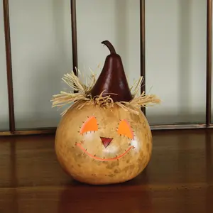 Hand-Crafted Scarecrow Head Gourd - Sawyer Small Lit - Fall Decor