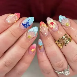 30pcs Press-On Nails, Ocean Style 3D Shell Starfish, Almond Shape, Short Glossy, Reusable, Detachable, Summer Beach Party