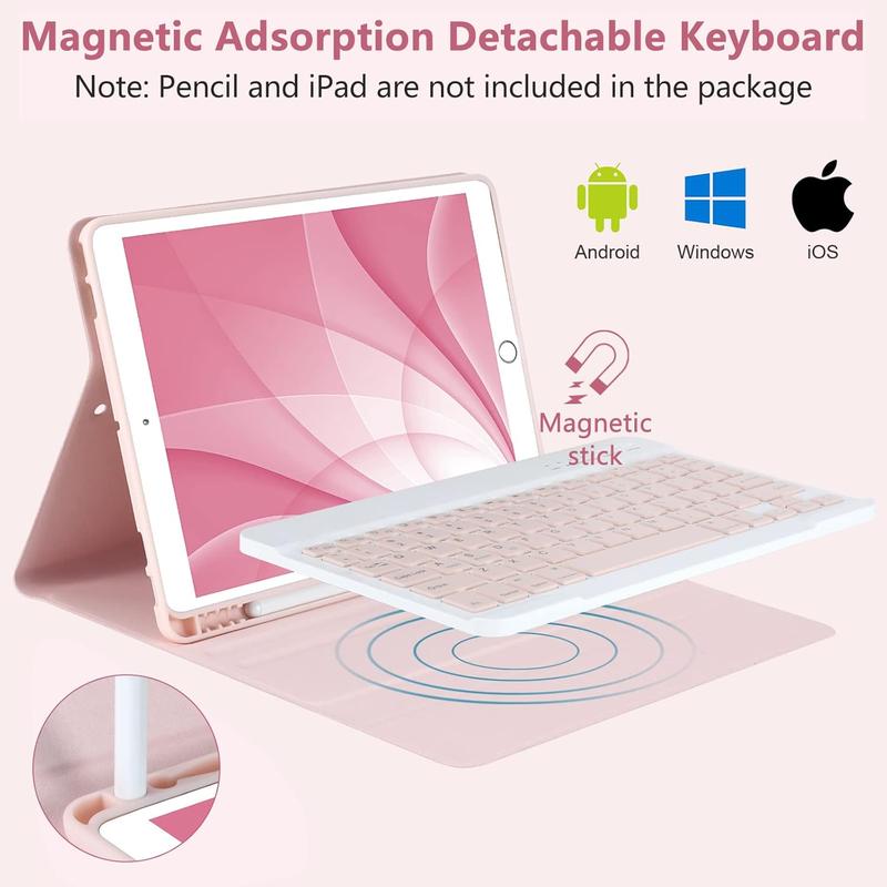 Keyboard Case for iPad 10.2" 9th 8th 7th Generation, with Detachable  and Pencil Holder, 10.2 Inch/iPad Air 10.5"(3rd Gen)/iPad Pro 10.5 in, Auto Sleep/Wake Function (Pink)