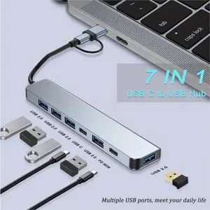 7-In-1 USB C HUB with USB C Input, USB 3.0 Ports, Aluminum Alloy Case, Portable Design, Compatible with Laptops, Ps4, Xbox, Printers & More, USB Port Adapters