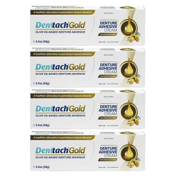 Denttach Gold Denture Adhesive, Petroleum Free Olive Oil Based Premium Denture Adhesive Cream for Full and Partial Dentures, All Day Secure Hold Denture Glue, Zinc Free, 2.4 Ounce