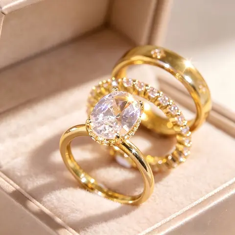 Oval Center Stone Halo Statement Engagement Rings for Women, 3 Piece Stackable Promise Rings for Valentine Christmas Wedding Proposal Daily Wear