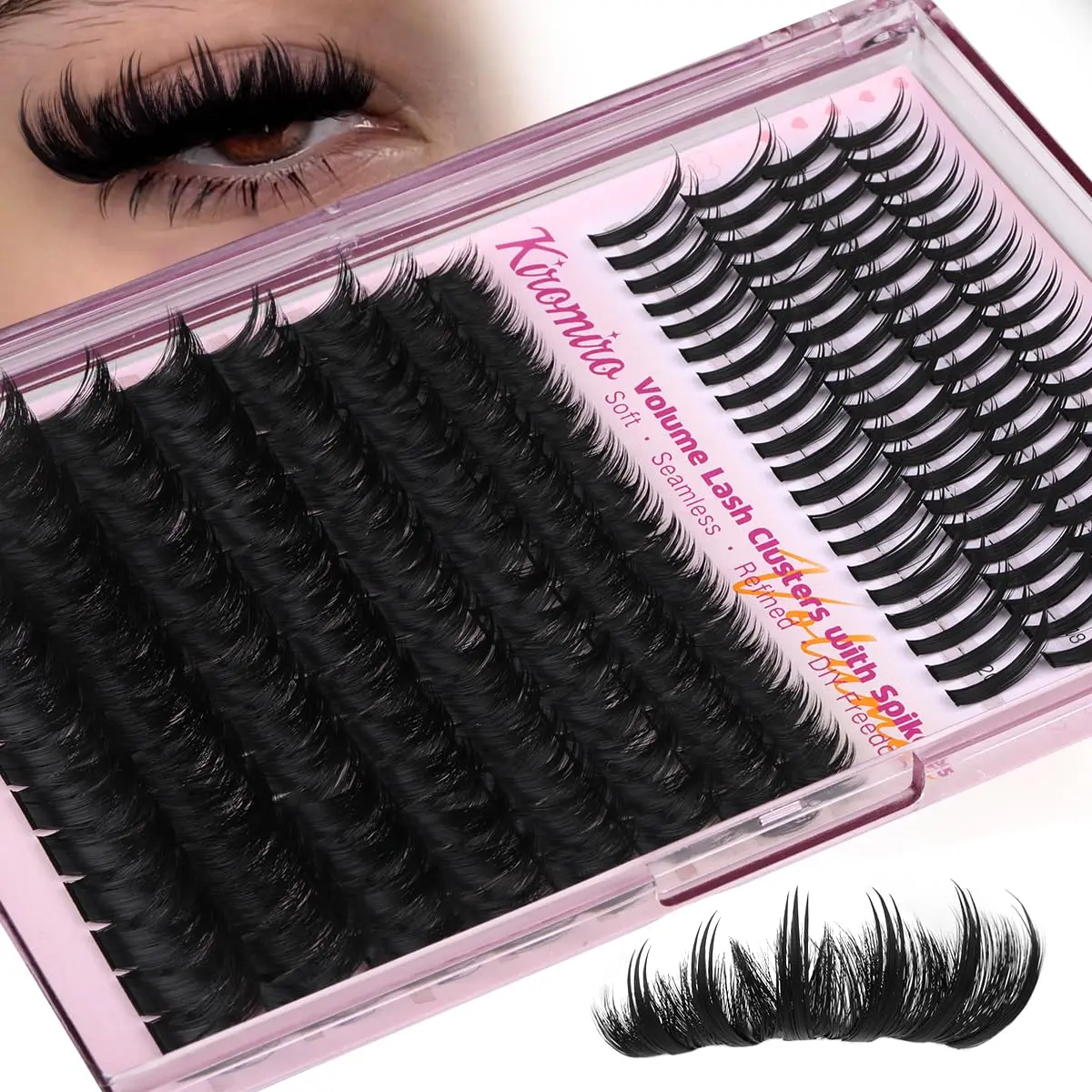 Kiromiro Lash Clusters With Spikes Fluffy Cluster Eyelash Extensions 10-18mm Volume Eyelash Clusters DIY Thick Cluster Lashes with 14-20mm Spikes Lash Clusters