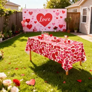 Valentine's Day Tablecloth Set, Heart-Shaped Plastic Rectangle Decorative Cover, Wedding Anniversary Birthday Party Decoration, 70.9x114.17 Inches