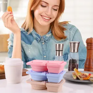 3Pcs Reusable Sturdy Rectangular Silicone Snack Containers with Lids, 301-500ml Double Compartment, Leakproof Portable Folded Kitchen Food Storage Containers for Kids, Travel, Lid