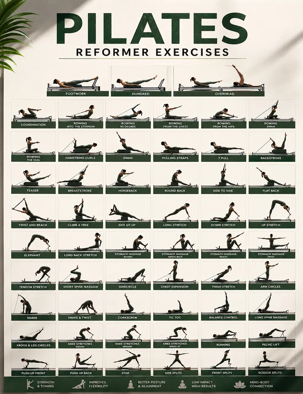 Pilates Reformer Exercise Chart Poster Canvas Wall Art Pilates Workout Guide Print Home Gym Fitness Wall Decor Pilates Pose Reference Chart Exercise Instruction Canvas Print Studio Decor Living Room Office Physical Therapy Gift Unframed Poster