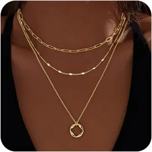Gold Necklaces for Women, Stackable Dainty 14K Gold Silver Plated Trendy Circle Paperclip Chain Pendant Choker Necklace