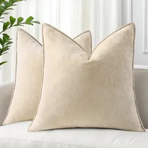 Summer Couch Throw Pillow Covers 18x18 Set of 2, Decorative Soft Velvet Modern Cozy Chenille Pillow Cases with Elegant Design for Sofa Bed Living Room Home Decor, Beige