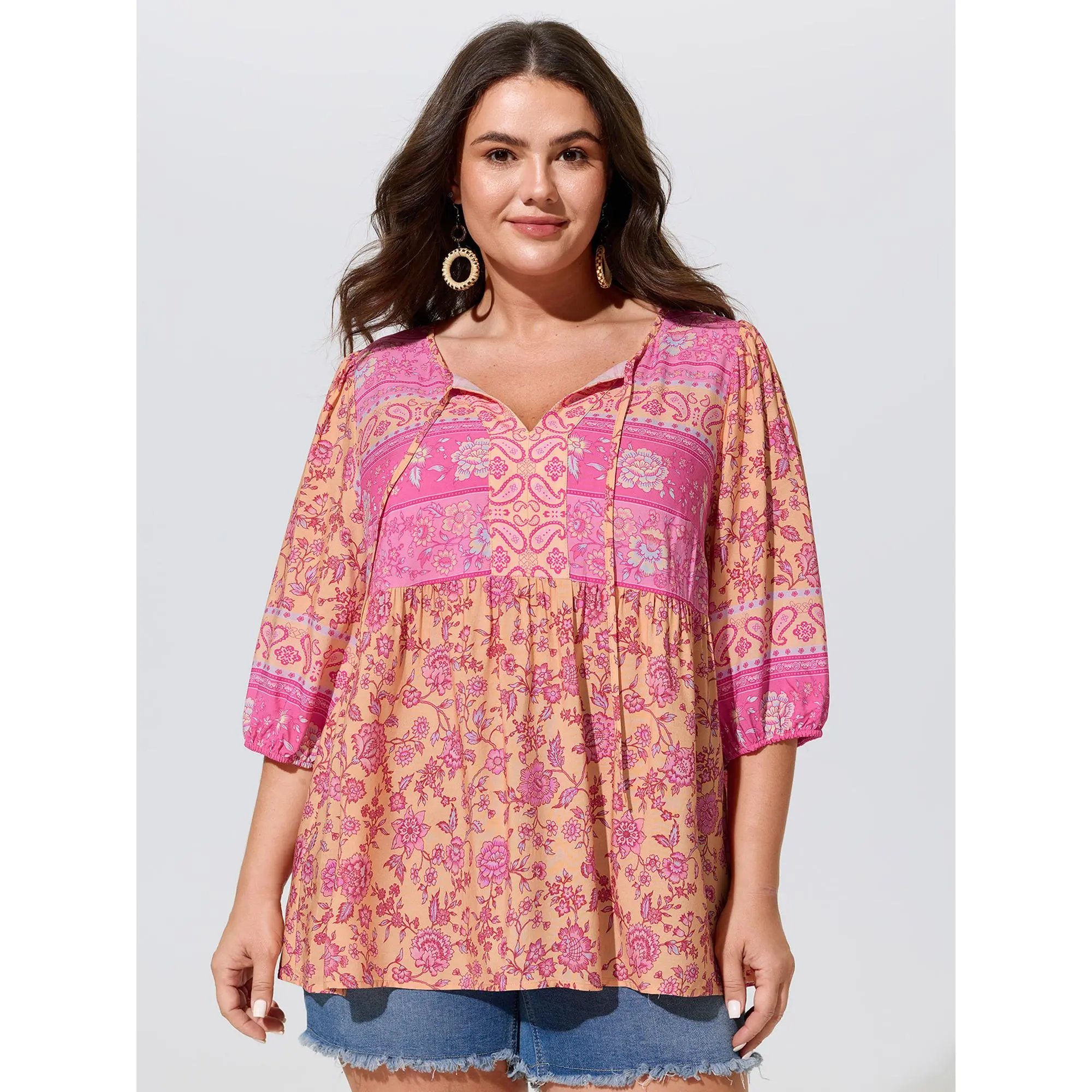 BLOOMCHIC Women's Plus Size Color Block Paisley Print Babydoll Blouse - Baby Doll Tops, 2026 Summer Style [M-6X]