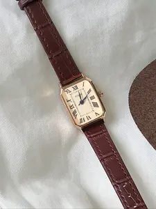 Elegant Women's Long Rectangle Roman Numeral Watch, Bamboo Texture Leather Strap, Perfect Gift for Birthdays & Anniversaries