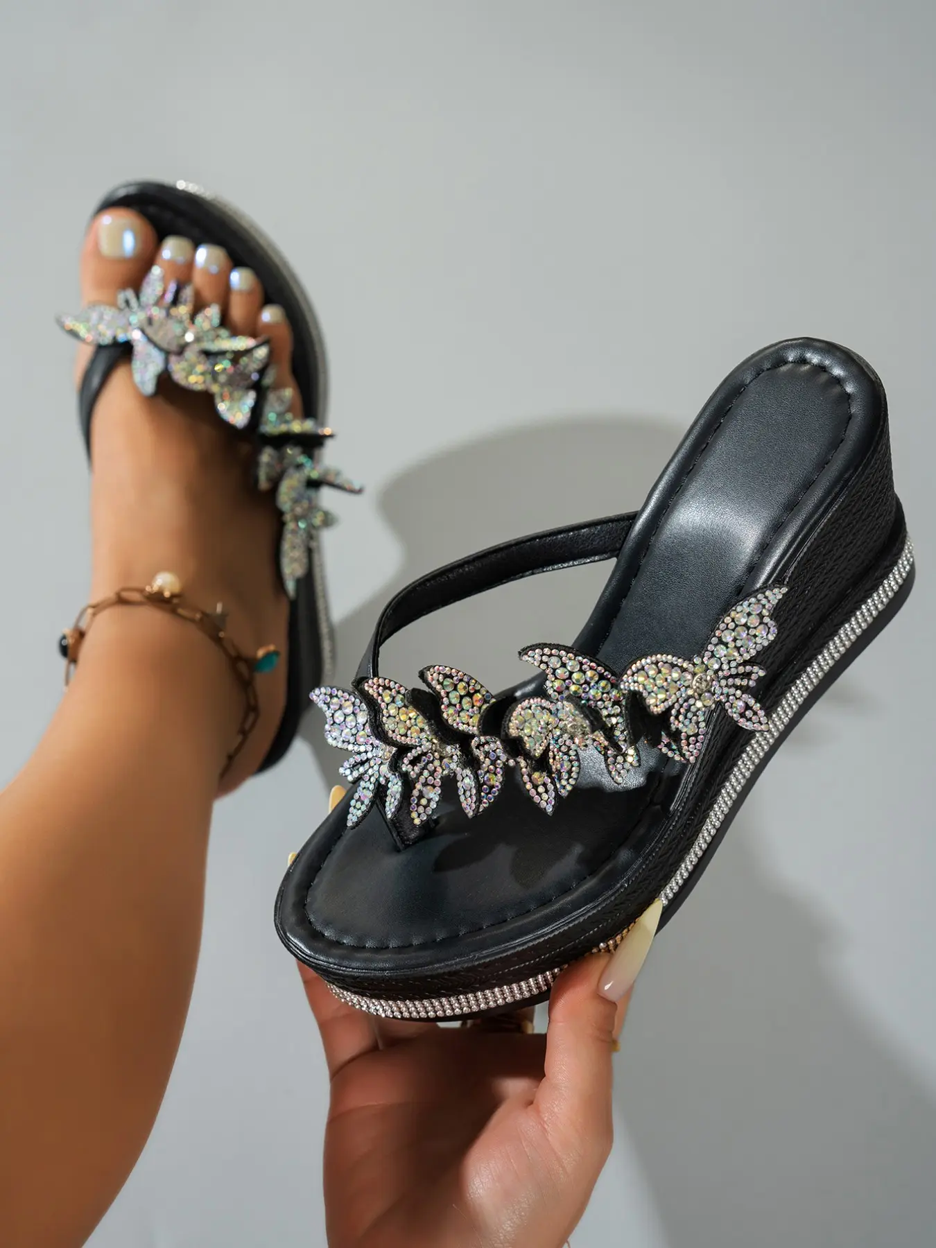 Summer fairy style butterfly slope sandals with cool slippers for women, fashionable rhinestone clip toe sandals, sponge cake thick soled elegant sandals, versatile casual sandals for daily wear, Glitter Decorated Sandals
