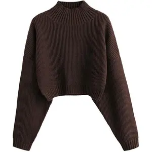 Women's Pullover Sweater Drop Shoulder Plain Knitted Cropped Sweater Pullover Solid Long Sleeve Cropped Tops