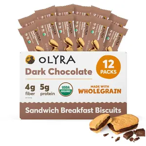 Olyra Dark Chocolate Sandwich Breakfast Biscuits, Healthy Snacks for Adults and Kids, Low Sugar, High Fiber, Organic Vegan Cookies, with Ancient Greek Grains, USDA Certified Organic, Non GMO, 12 Packs