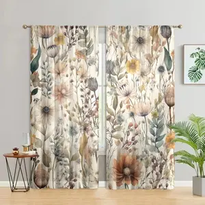 2 Bohemian retro art printed curtains, elegant wild plant flower design, pole pocket hanging, window treatment, polyester fiber, semi blackout enhanced privacy, suitable for bedroom, living room, kitchen, dining room, office home decoration.