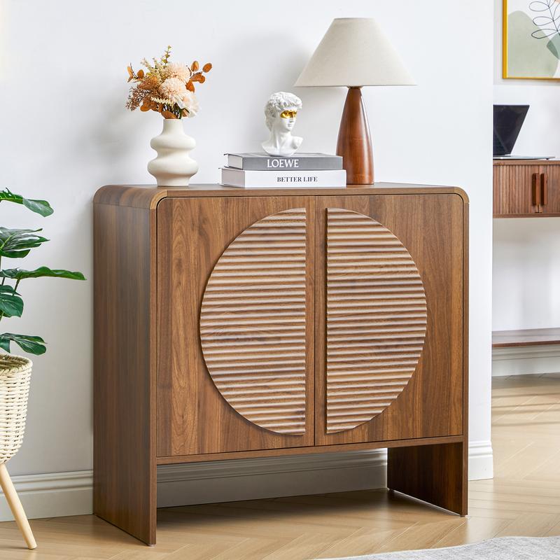 Giratree Mid-Century Fluted Wood Sideboard Buffet – 31" Curved Storage Cabinet with Round Textured Doors & Adjustable Shelves, Brown Accent Credenza for Living Room or Kitchen