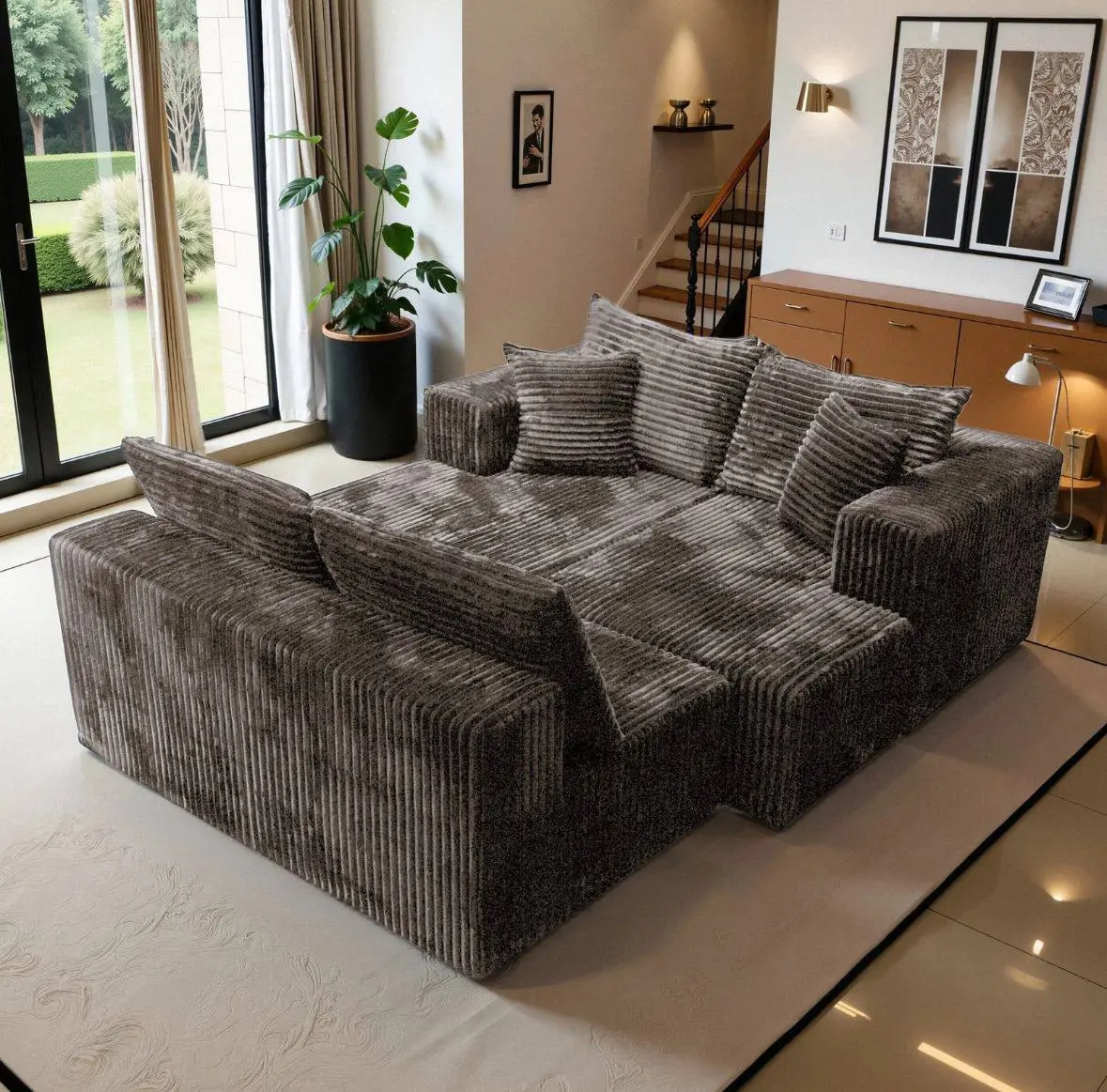 Modern Living Room Sofa with Gray Textured Fabric and Multiple Cushions for Comfortable Seating