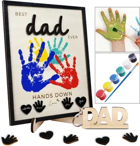Hands Down Best Dad Ever Frame with Paint, Dad Keychain Birthday Father's Day Gifts for Daddy, DIY Family Handprint Engraved Plaque
