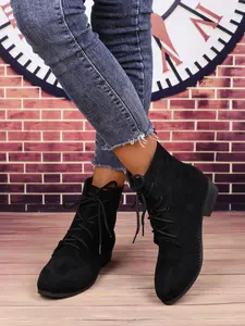 Women's Vintage Lace-Up Chelsea Boots, Ankle High Textile Booties, Pointed Toe Rubber Sole, Fall & Winter Fashion, Pointed Toes Boots