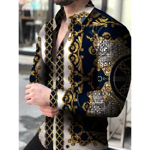 Men's Baroque Print Long Sleeve Shirt - Black & Golden Luxury Design, Regular Fit H-Size, Machine Washable Casual Top for Party & Daily Wear Mixed Color Menswear Polyester Fabric Wetsuit