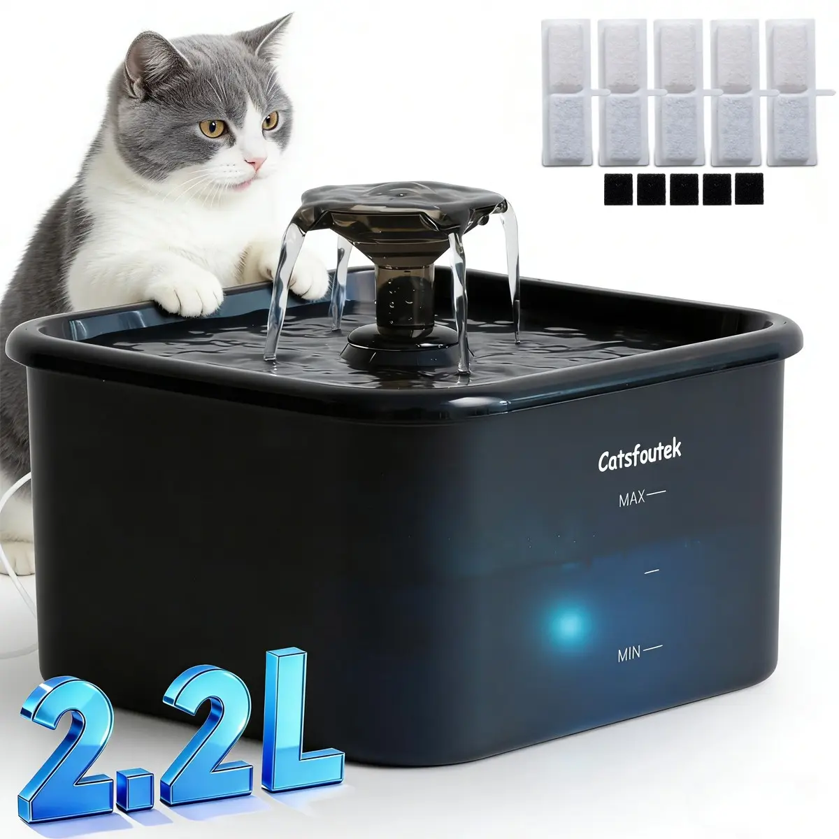 2.2L/74oz Cat Water Dispenser Automatic Water Feeder with 5/9/13Filters, Upgraded Ultra-Quiet Pet Water Fountain, Blue Light Reminder, Four-Layer Filtration System,Good Gift for Cats and Dogs