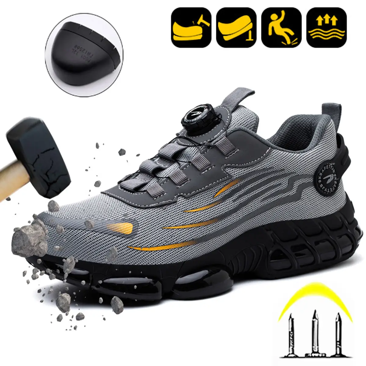 Work Safety Shoes for Men, Steel Toe Cap Rotating Button Boots Sneakers New Steel-Toe No-Tie Safety Work Shoes