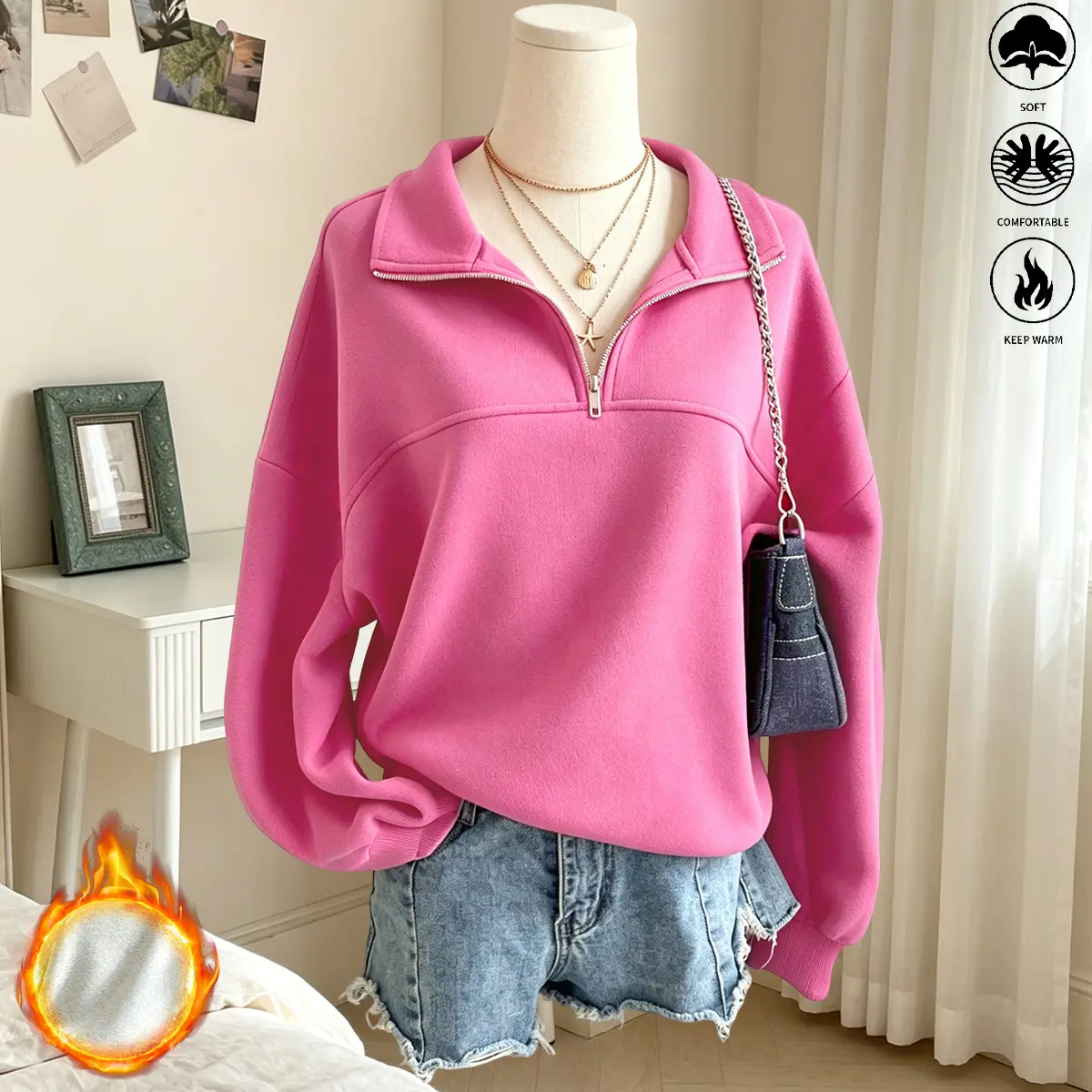 Women’s casual pullover sweatshirt, solid color, half zip, loose and comfortable, suitable for outdoor sports, fitness, and casual wear; women’s sweatshirt, women’s pullover athletic top, women’s top, womenswear