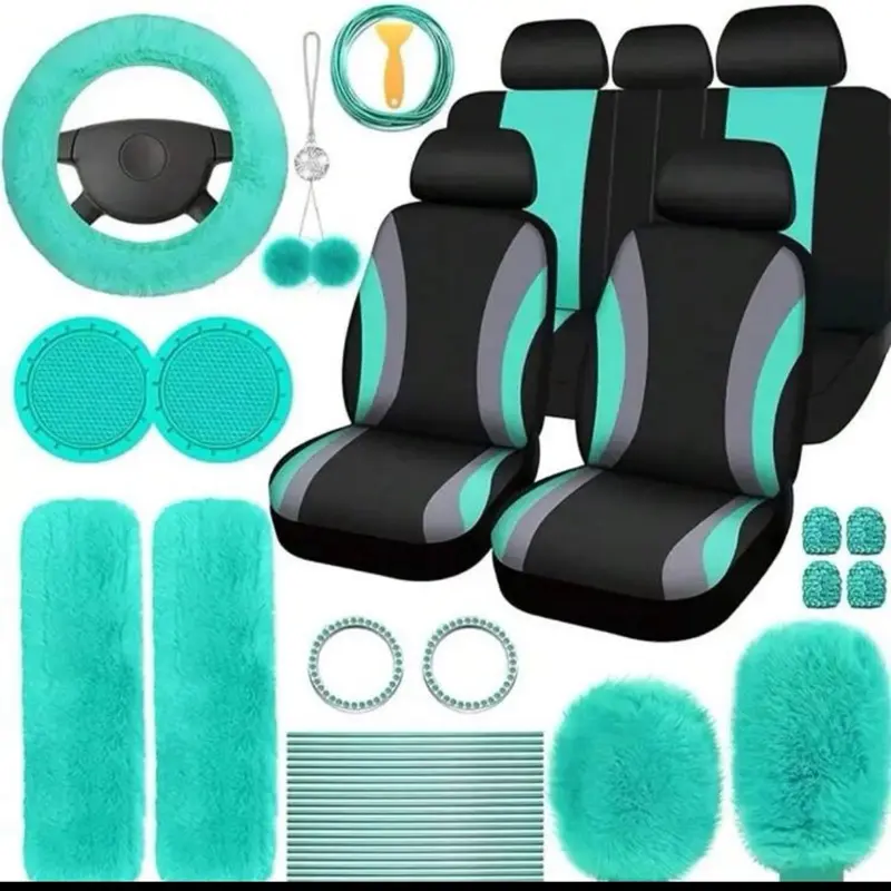 45-Piece Car Seat Covers & Interior Accessories Set, Car Interior Accessory, Polyester Five-Seat Car Seat Covers, Plush Steering Wheel Cover, Shoulder Pads, Gear Shift Knob Cover, Cup Pads, Tire Valve Caps, Stitching Trim Strips