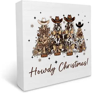 Western Christmas Tree Wooden Box Sign, Howdy Christmas Cheetah Print Tree Wood Box Decorations for Girly Bedroom, Cowgirl Leopard Xmas Wooden Block Plaque Desk Shelf Decor Accents 5x5 Inch