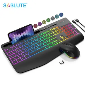 SABLUTE Wireless Keyboard and Mouse Combo, 9 Backlit Effects, Large Print, Wrist Rest, Phone Holder, 2.4G Lag-Free Ergonomic Keyboards, Rechargeable Easy to See Cordless Set for Computer, Laptop, PC