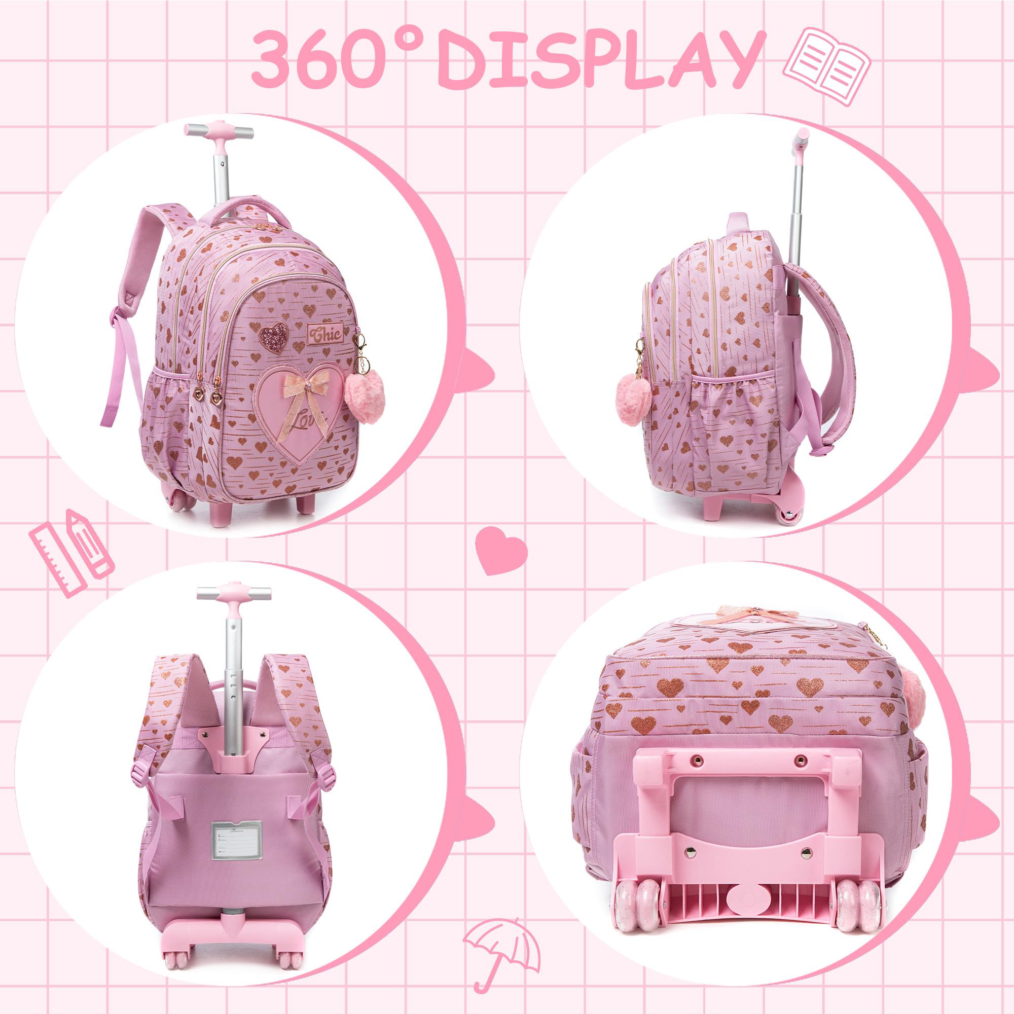 Chic Pink Heart Rolling Backpack 3-in-1 Set | Cute Glitter Bow Girls School Bag with Wheels, Insulated Lunch Tote & Pencil Pouch | Magical Wheeled Bookbag Gift for Kids