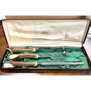 Vintage Three-Piece Rickards Sheffield Carving Set With Staghorn Handles - Vintage Richards of Sheffield England 3-Piece Carving Set