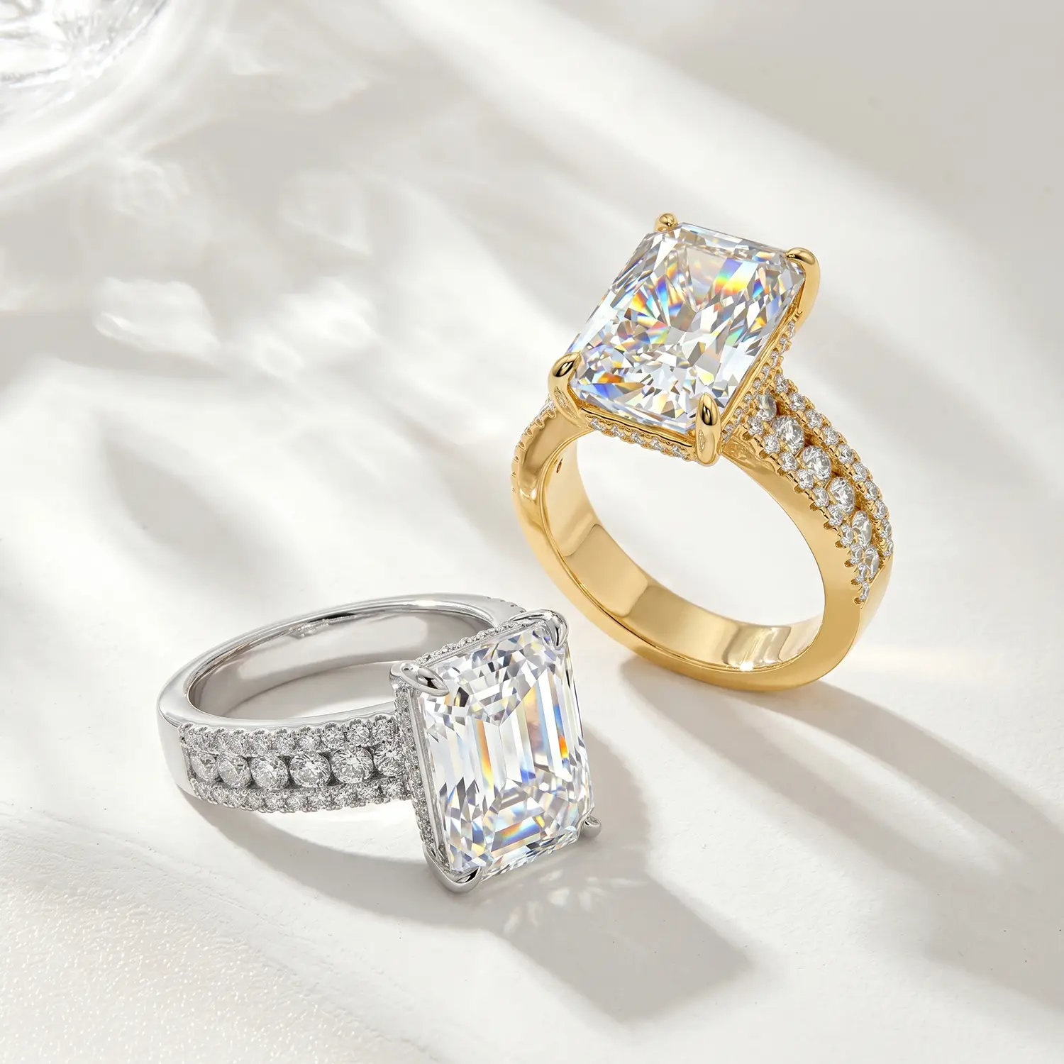 Sovereign Radiant Ring Stunning 4.5ct Elongated Cushion Cut Eco Diamond Engagement Ring 14K Gold Plated 3-Row Pave Statement Ring for Women