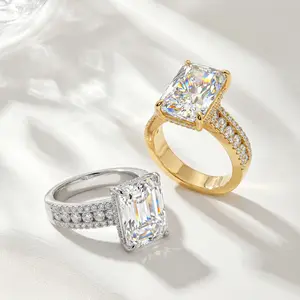 Sovereign Radiant Ring Stunning 4.5ct Elongated Cushion Cut Eco Diamond Engagement Ring 14K Gold Plated 3-Row Pave Statement Ring for Women