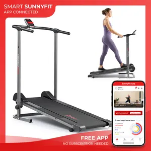 Sunny Health & Fitness Slim Foldable Manual Treadmill, Home Gym Workout Fitness, Fixed Incline, Shock-Absorbent 42" x 13" Deck, Performance Monitor, Compact Space-Saving Design for Walking/Jogging/Running, 330 lbs Capacity