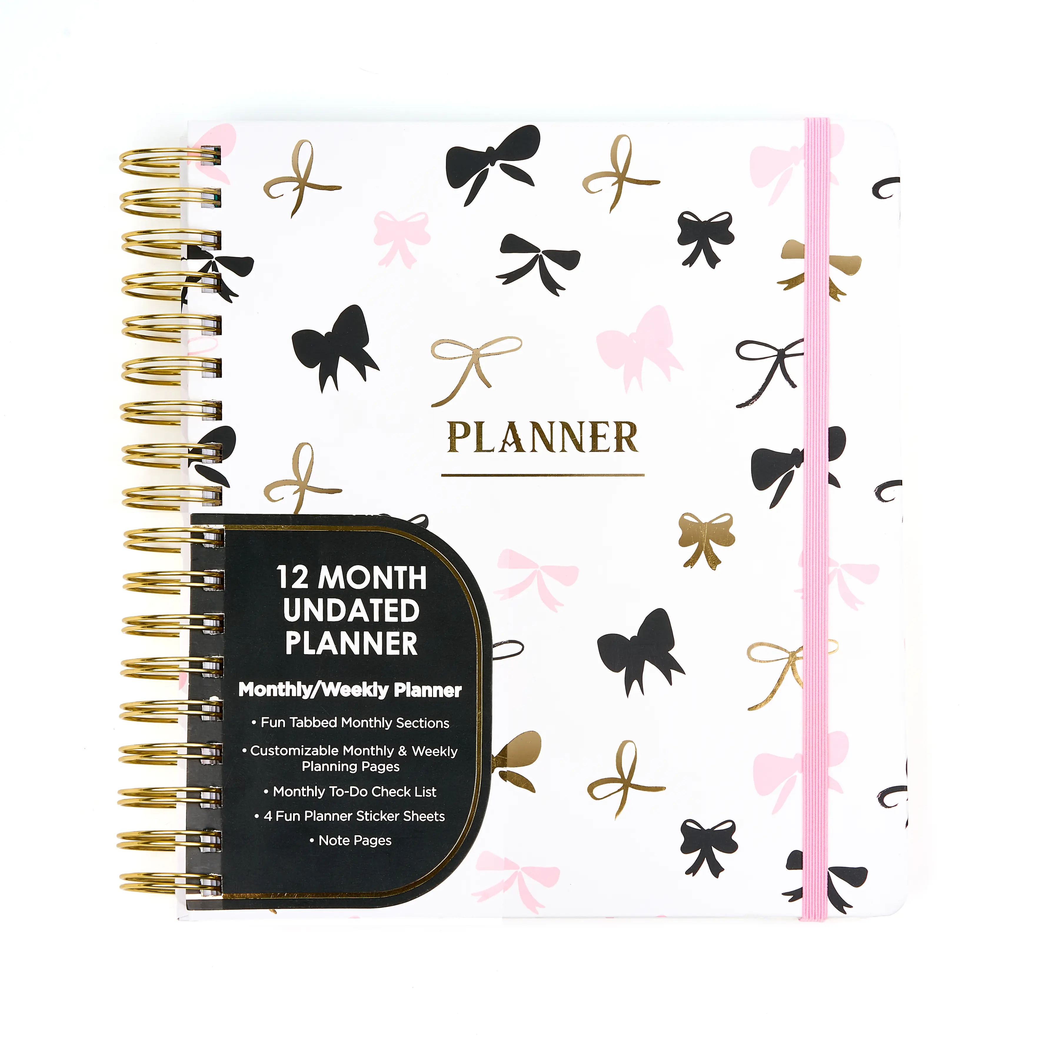 Undated Weekly Appointment Book & Planner - 12-Month Hardcover Cute Bow Aesthetic with Tabs, Gold Spiral Binding, Stickers, Elastic Closure, Planner Accessories, Adulting Gifts, School Supplies College for Students