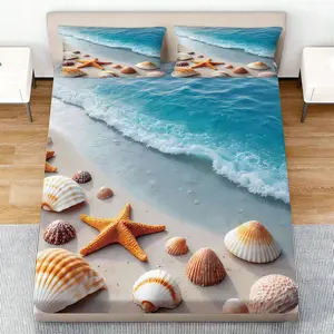3pcs Beach Theme Bed Sheet Set, Blue, Wave Sand Starfish Shell Print, Soft, Bedroom Dorm Decor, Gift Idea