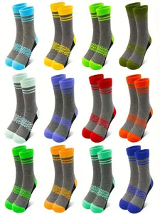 12 Pairs Patchwork Plaid Mid-Calf Socks, Boys, for Kids Ages 2-14, Stylish, Casual and Comfortable Cotton Blend, Perfect for Daily Wear, Children