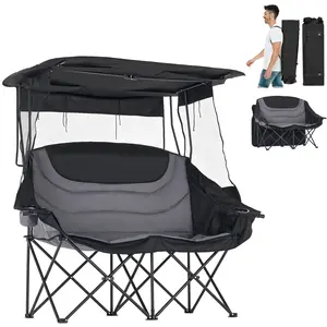 MOPHOTO XXL Double Camping Chair with Shade Canopy, Fully Padded Folding Camping Loveseat , Oversized Camping Bench Lawn Chairs Patio Lounge Chairs for Adults