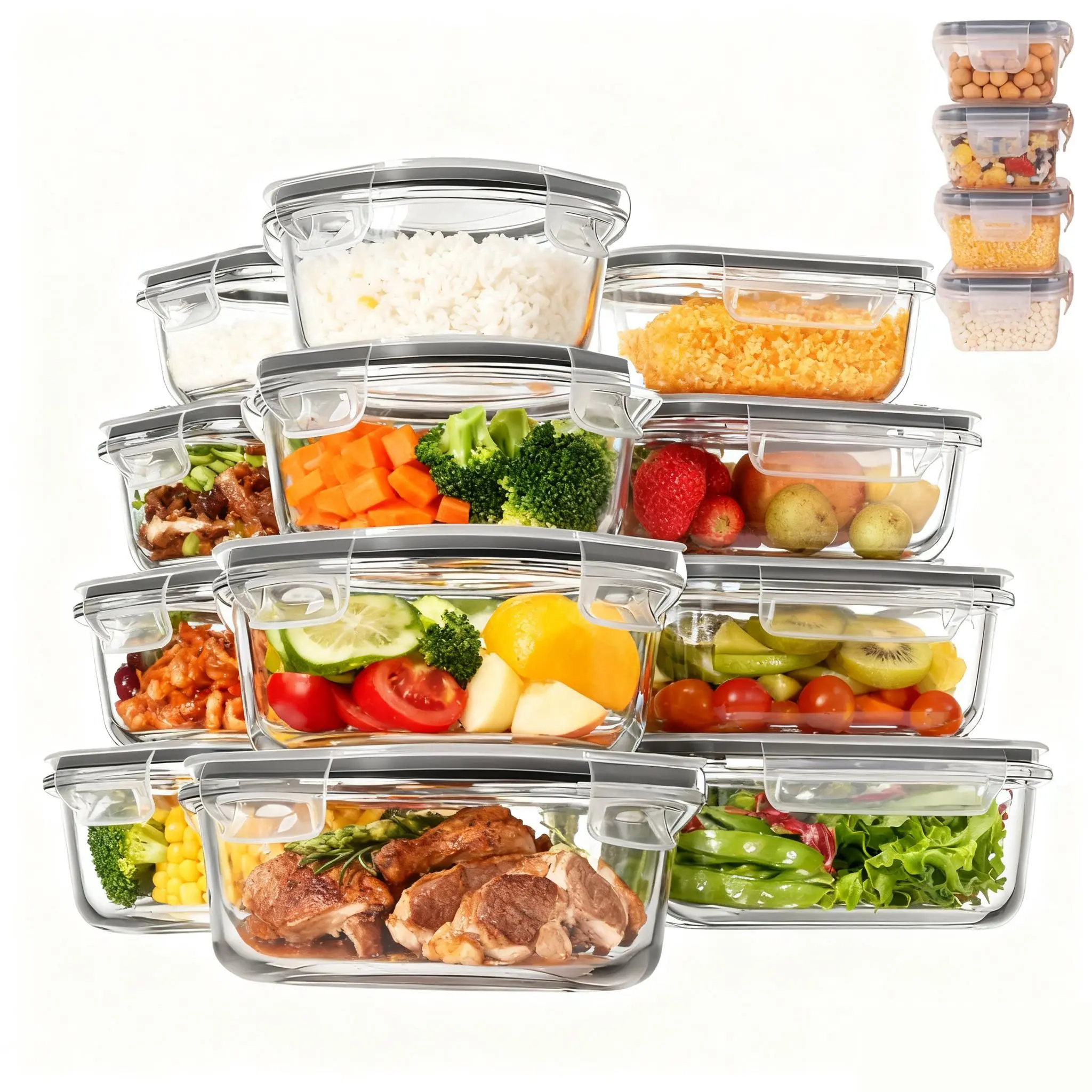 Premium Glass Kitchen Food Storage Containers & Bowls Set (12pcs), Durable Leakproof Airtight Detachable Lock Lids, Portable Round Snack Containers, Insulated Lunchbox Utensils, Microwave-Safe, Dishwasher-Friendly, Freezer & Refrigerator Compatible, Sturd