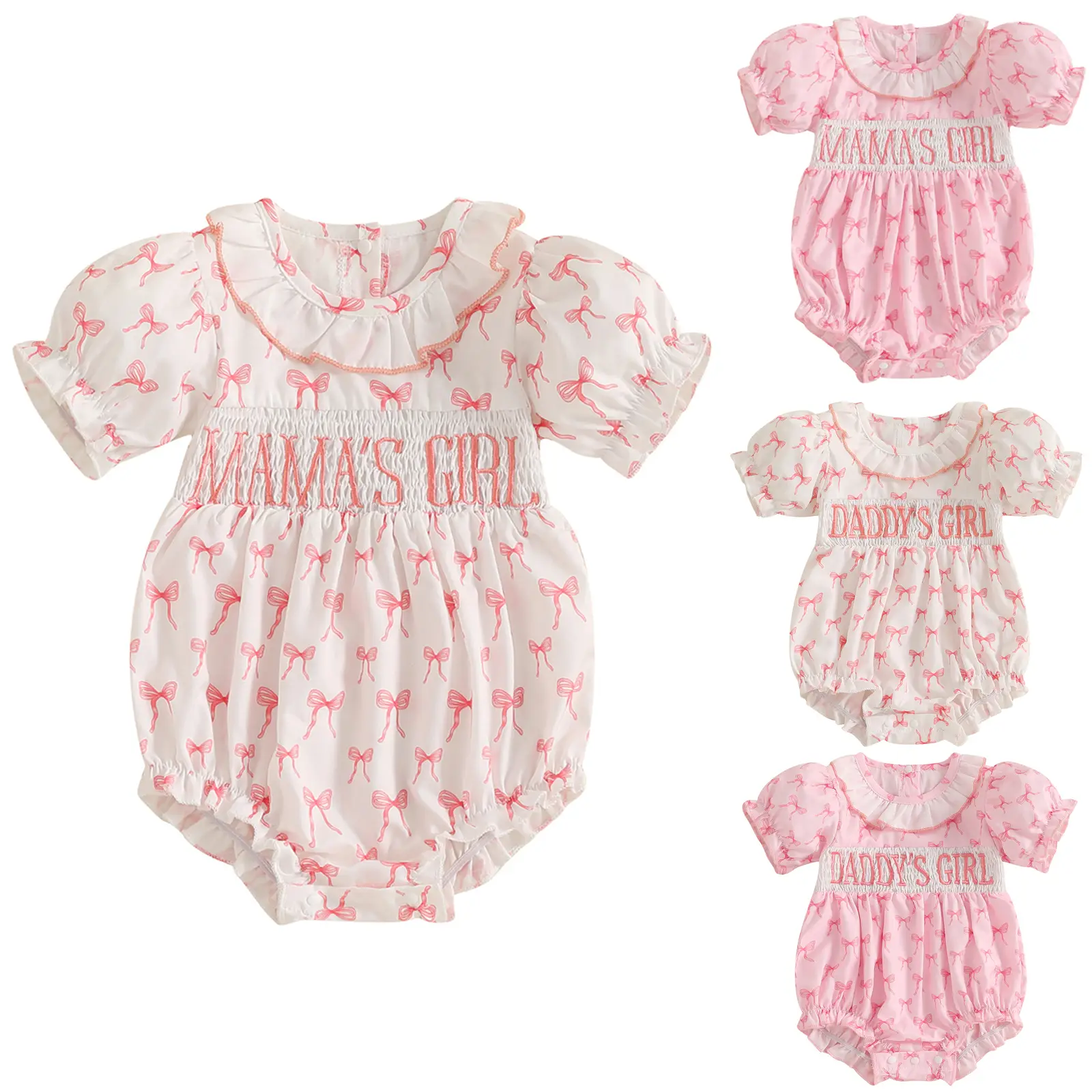 Mamas Girl Daddys Girl Baby Smocked Bubble Romper Puff Short Sleeve Cute Bow Print Peter Pan Collar Onesies Bobdysuit Jumpsuit Summer Clothes