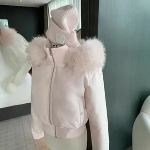 Sweet Pink Knitted Waist-Cinching Hooded Cotton Jacket for Women 2025 Winter New Trendy Large Fur Collar Thickened Cotton Coat