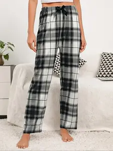 Women's Plaid Sleep Pants with Bow Detail, Soft and Loose Fit, Comfortable Home Wear, and Checkered Design
