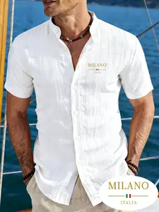 Trendy Milan Italian printed stand up collar Casual shirt for men, made of breathable fabric and wrinkled short sleeves, suitable for fitness, travel, light business, all scene versatile, light luxury top