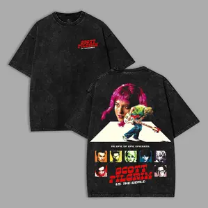 Retro Vintage Scott Pilgrim vs The World Cult Classic Double Side Shirt Action Comedy Movie Graphic Cotton Washed T-Shirt, Ramona Flowers Indie Rock Aesthetic Merch, Oversized Y2K Streetwear, Gift for Film and Comic Fans