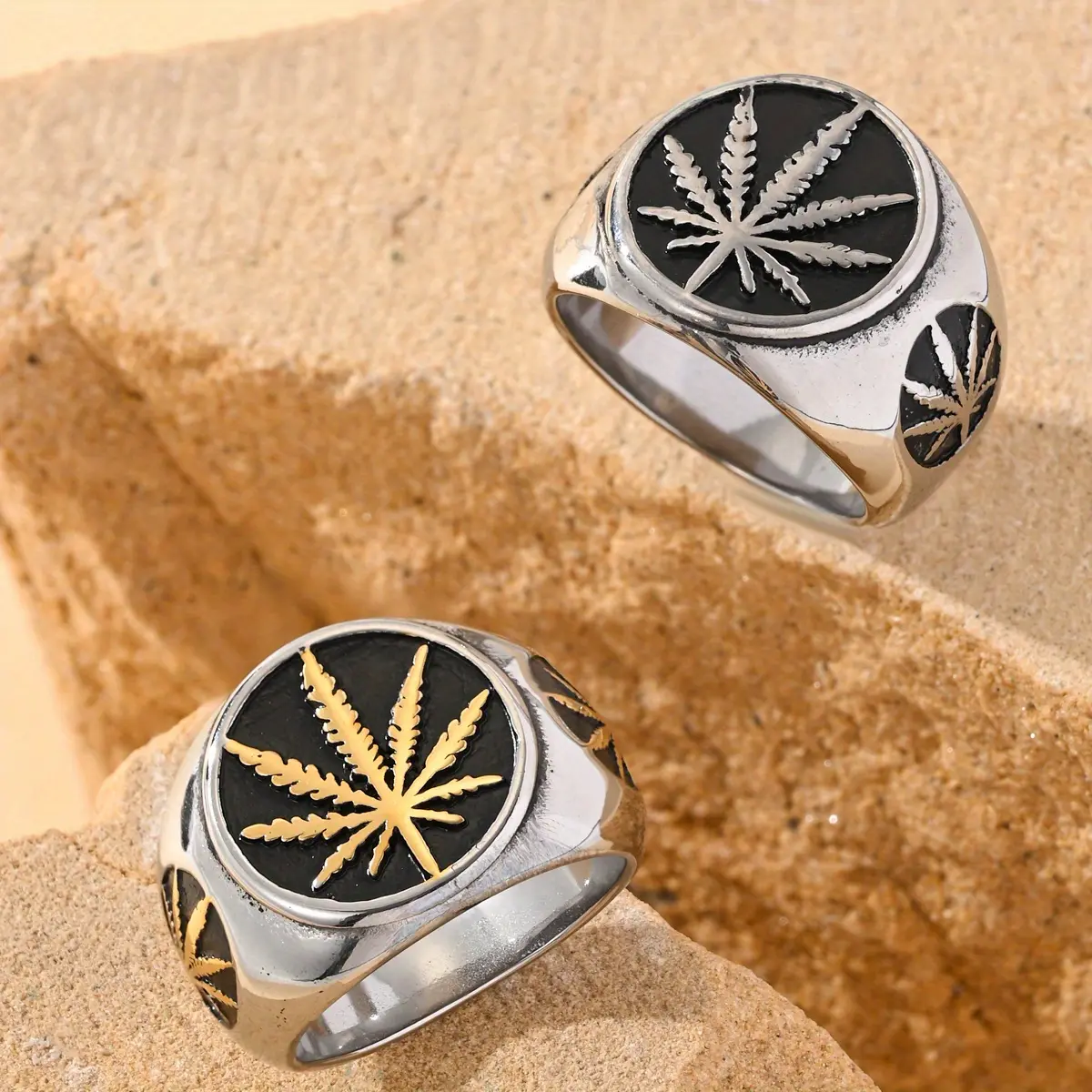 Men's Stackable Durable Stainless Steel Ring Set - Dark Aesthetic, Vintage Hip-Hop Look, Geometric Shape with Maple Leaf Print, Sizes 8-13, Party Wear Costume Jewelry Accessory, Stackable Rings, Dark Aesthetic Rings
